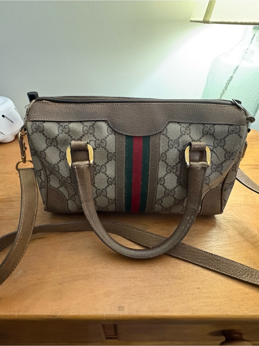 Gucci Beige/Brown GG Canvas Satchel with Green-Red Web Stripe